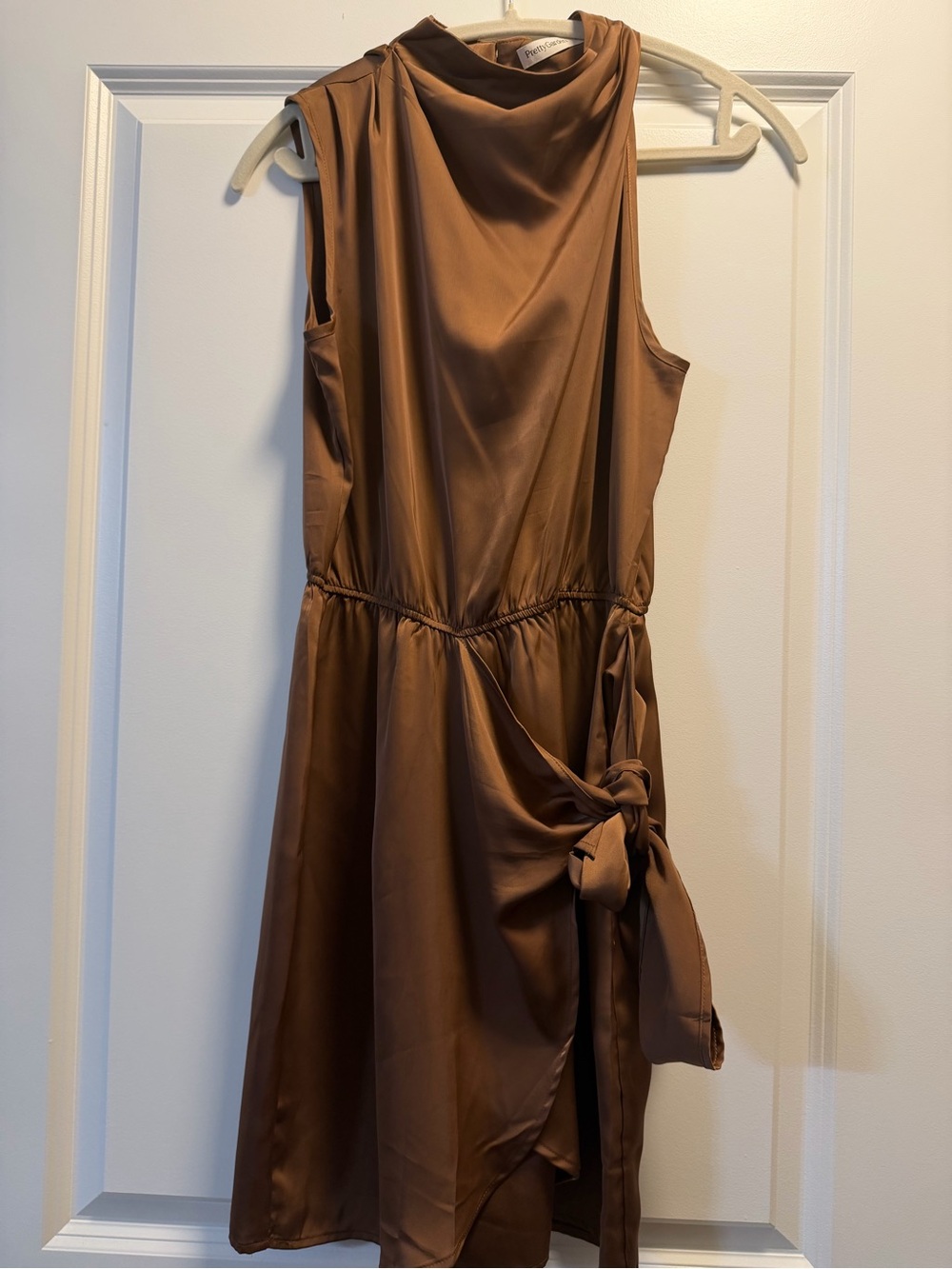 Sleeveless Satin Tie-Detail Mini Dress in Brown